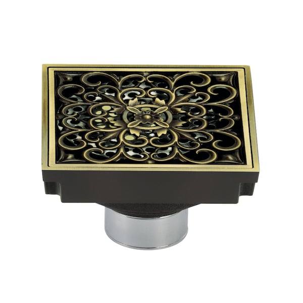 Kingston Brass BSF9771AB Watercourse Scroll 4" Square Grid Shower Drain, Antique Brass BSF9771AB - main